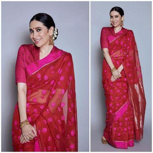 Red heavy chanderi embroidered saree