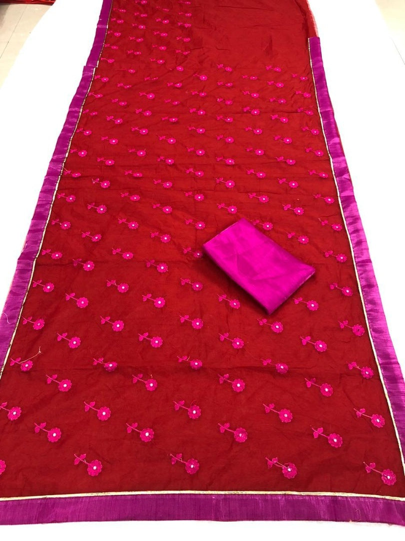 Red heavy chanderi embroidered saree