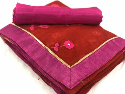 Red heavy chanderi embroidered saree