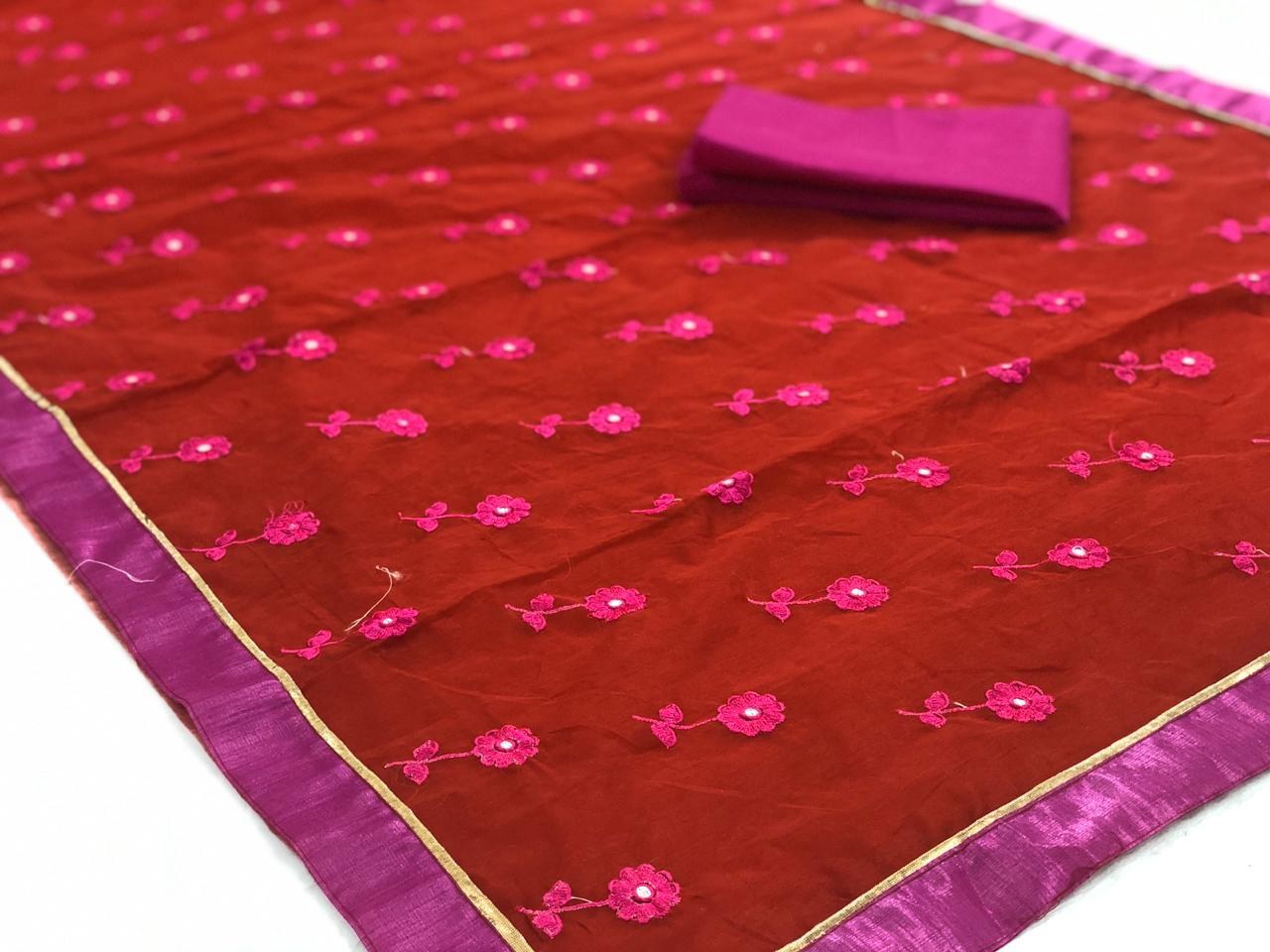 Red heavy chanderi embroidered saree