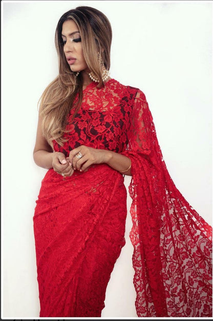 Red heavy chantley net partywear saree