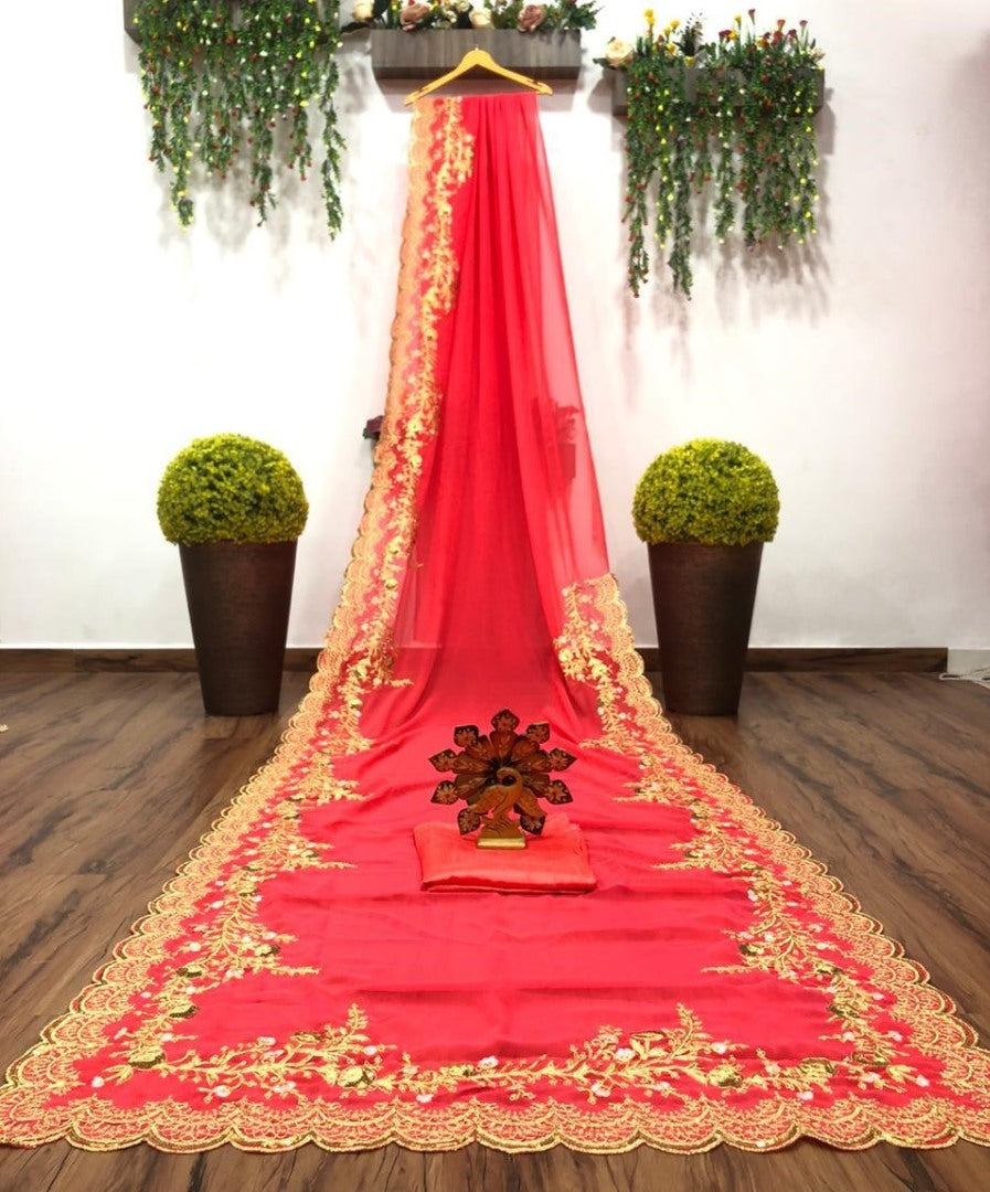 Red heavy embroidered wedding saree
