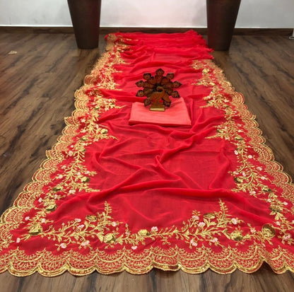 Red heavy embroidered wedding saree