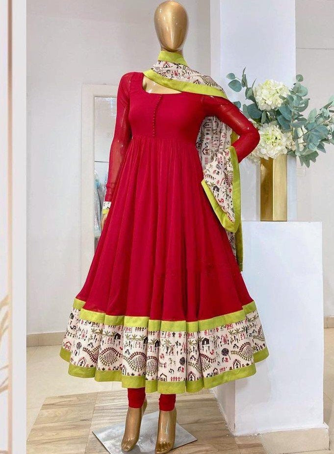 Red heavy georgette digital printed work gown with dupatta