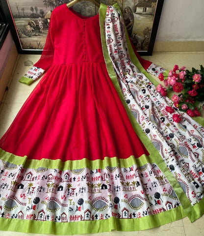 Red heavy georgette digital printed work gown with dupatta