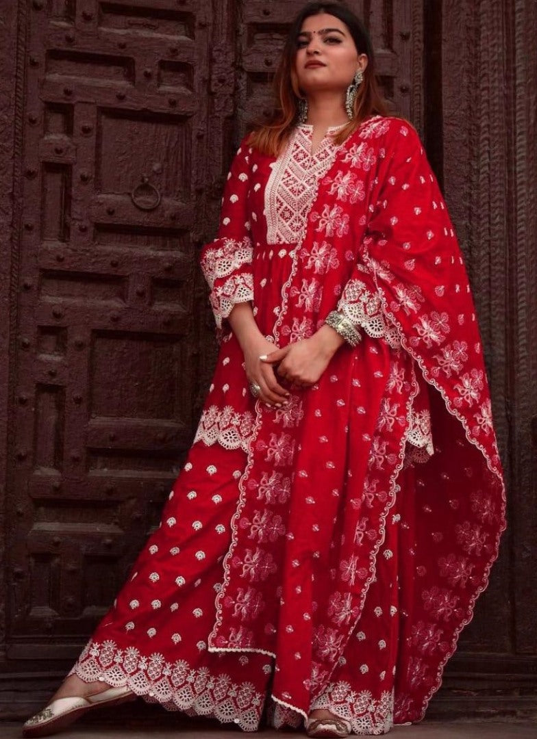 Red heavy georgette embroidered work sharara salwar suit