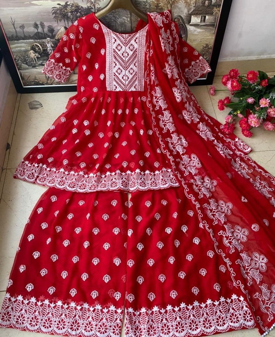 Red heavy georgette embroidered work sharara salwar suit