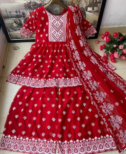 Red heavy georgette embroidered work sharara salwar suit