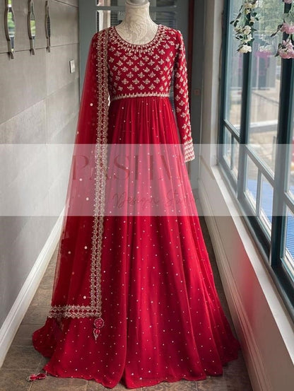 Red heavy georgette fully embroidered work designer gown