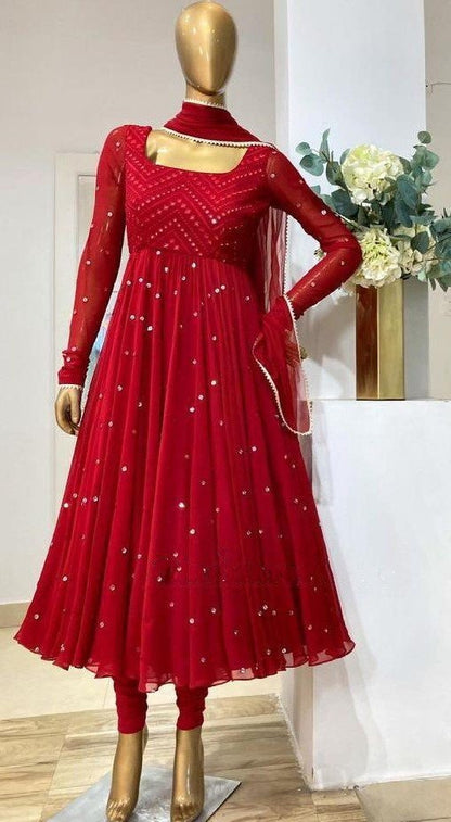 Red heavy georgette fully embroidered work occasional wear gown