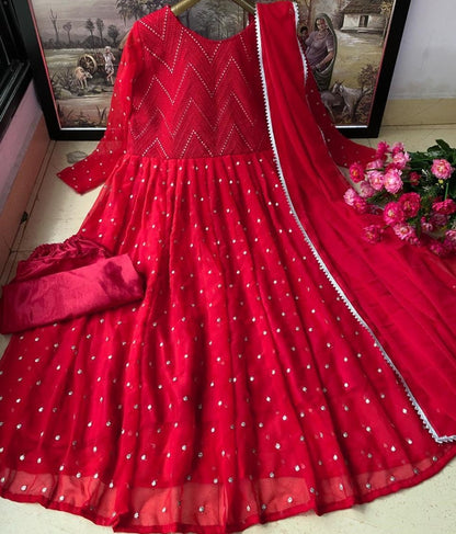 Red heavy georgette fully embroidered work occasional wear gown