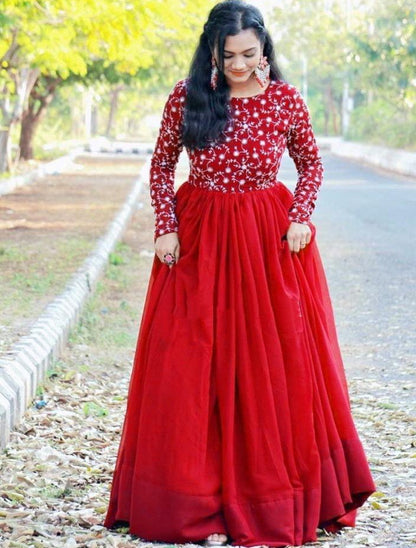 Red heavy georgette with embroidered work gown