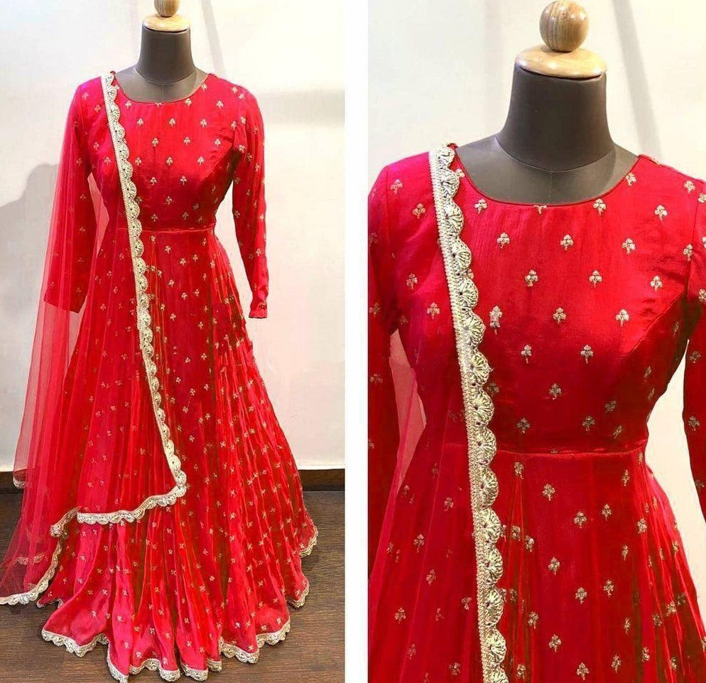 Red heavy georgette with embroidered work party wear gown