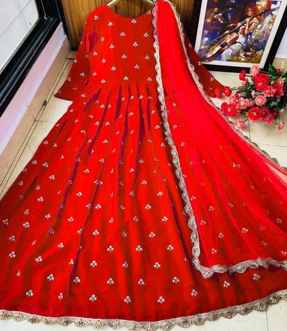 Red heavy georgette with embroidered work party wear gown