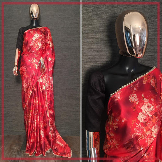 Red heavy japan satin floral printed saree