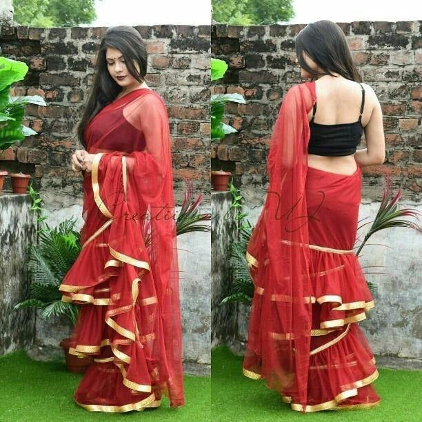 Red heavy net beautiful partywear ruffle saree