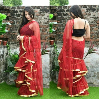 Red heavy net beautiful partywear ruffle saree