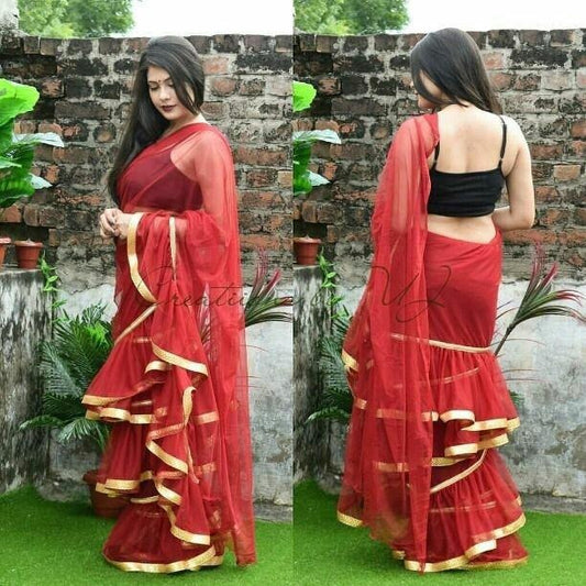 Red heavy net beautiful partywear ruffle saree
