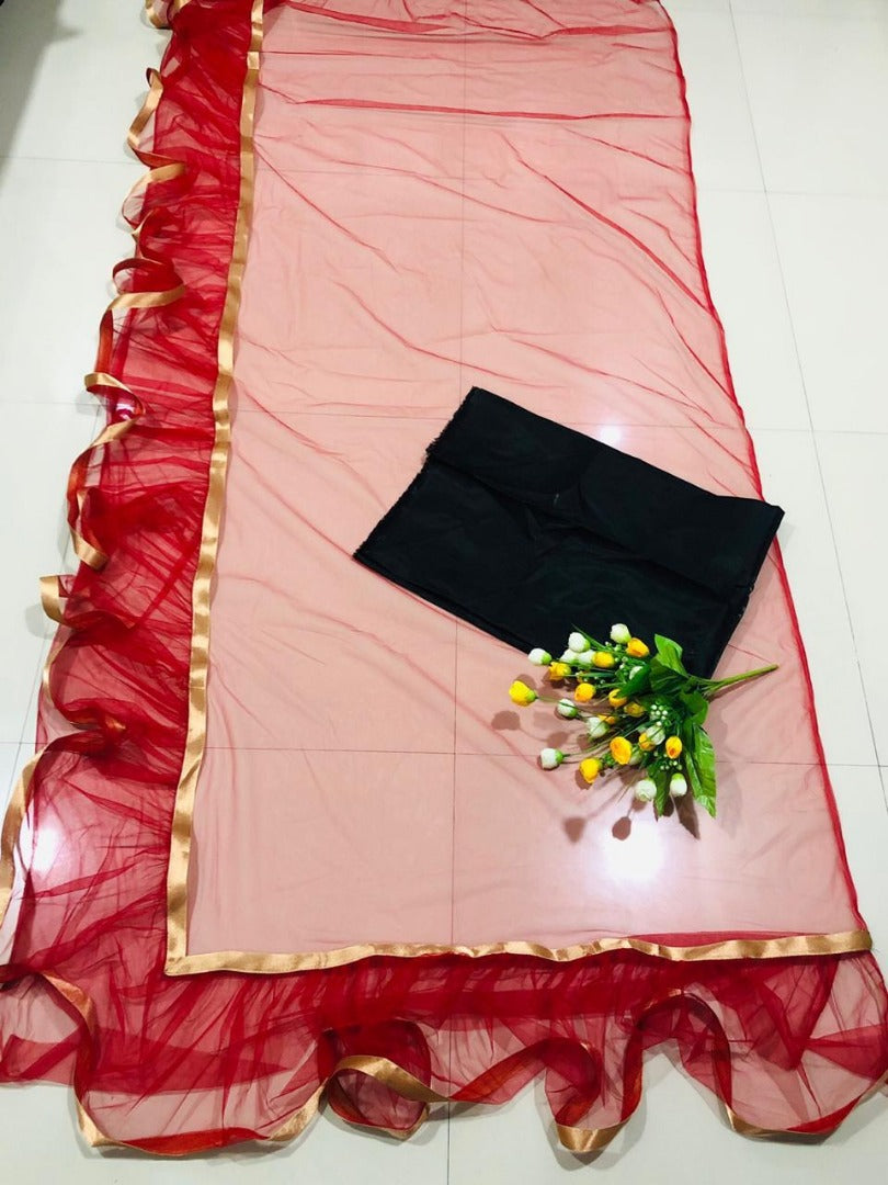 Red heavy net beautiful partywear ruffle saree