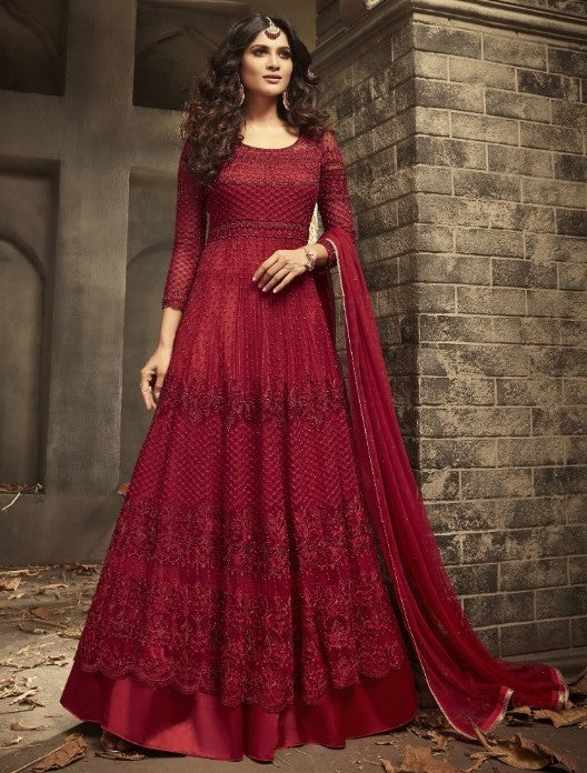 Red heavy net designer embroidered wedding long anarkali suit