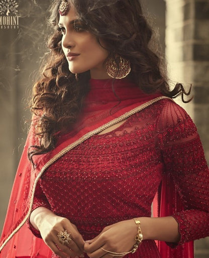 Red heavy net designer embroidered wedding long anarkali suit
