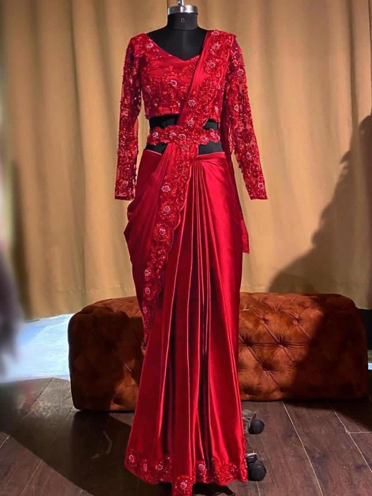 Red heavy satin silk embroidered partywear saree