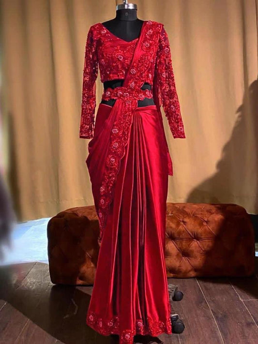 Red heavy satin silk embroidered partywear saree