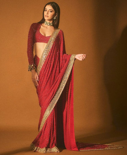 Red heavy work designer wedding saree