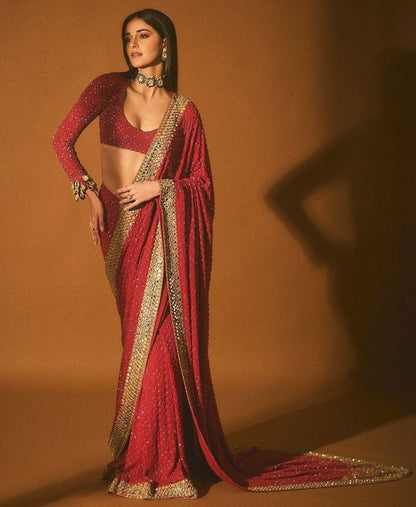 Red heavy work designer wedding saree