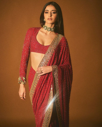 Red heavy work designer wedding saree