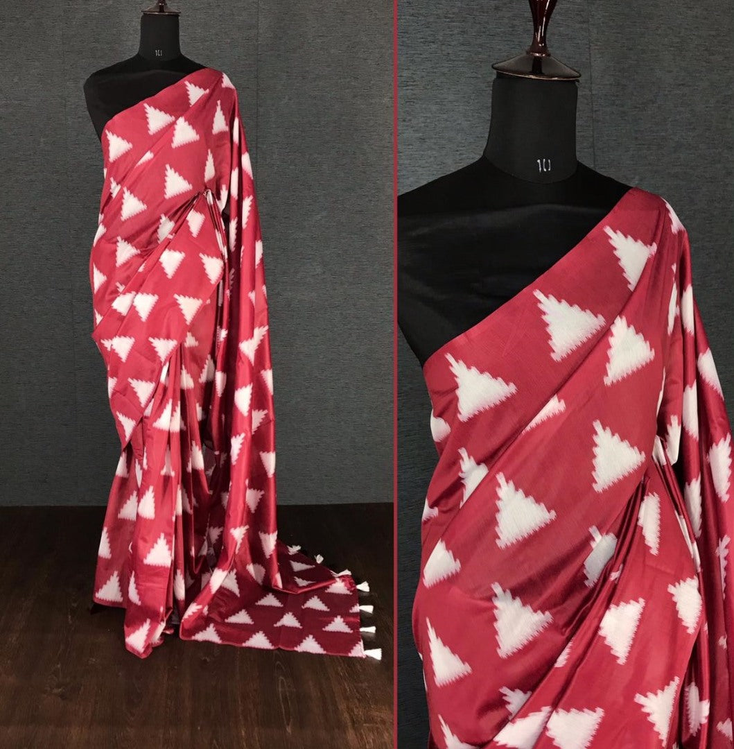 Red italian finished cotton silk digital printed work saree