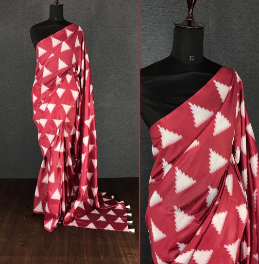 Red italian finished cotton silk digital printed work saree