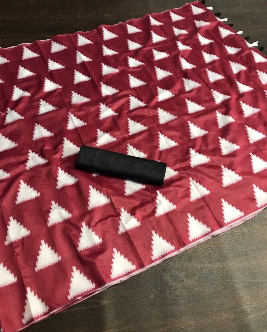 Red italian finished cotton silk digital printed work saree