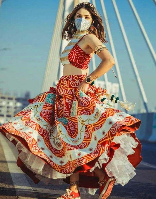 Red italian silk bandhani print lehenga choli