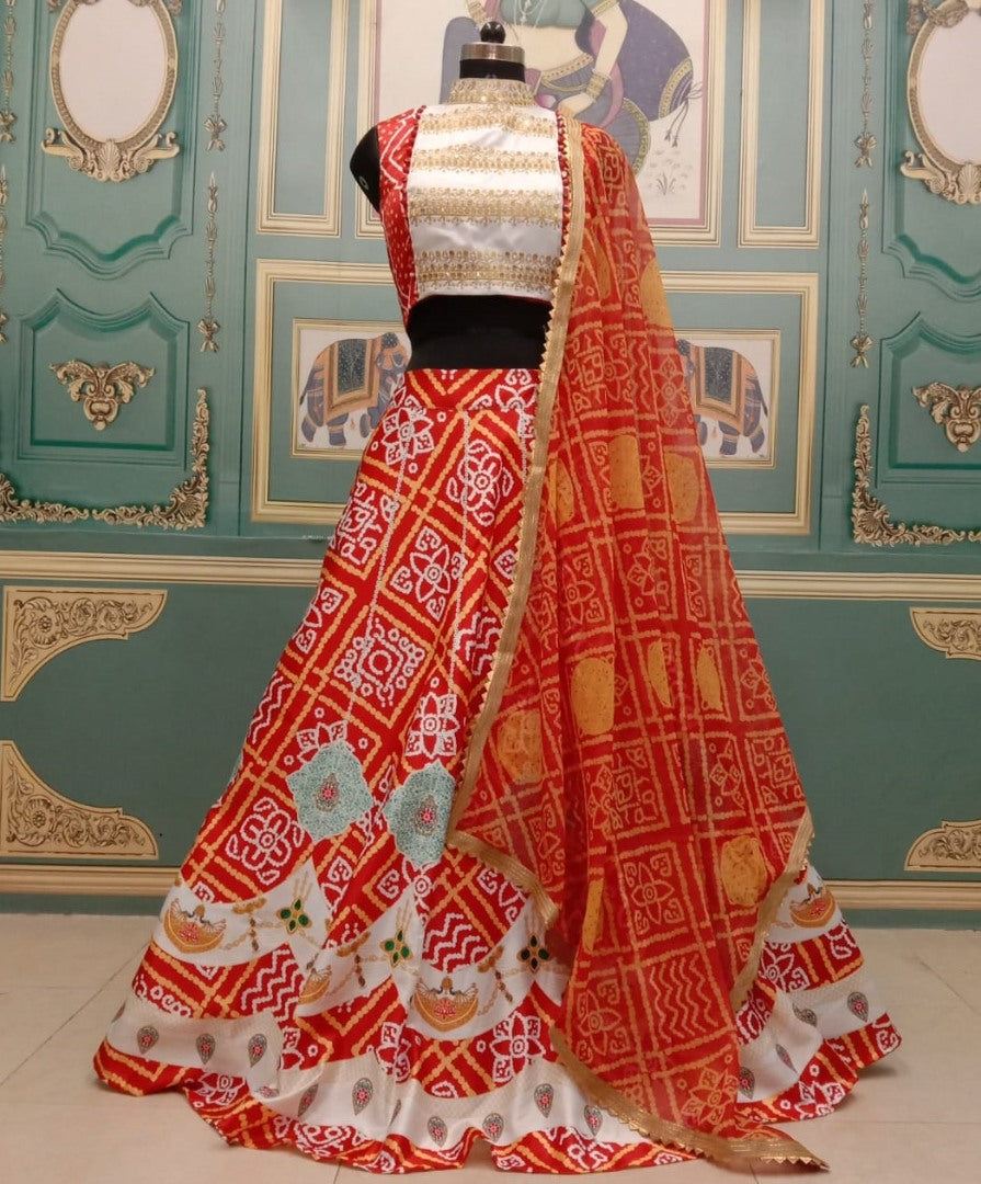Red italian silk bandhani print lehenga choli