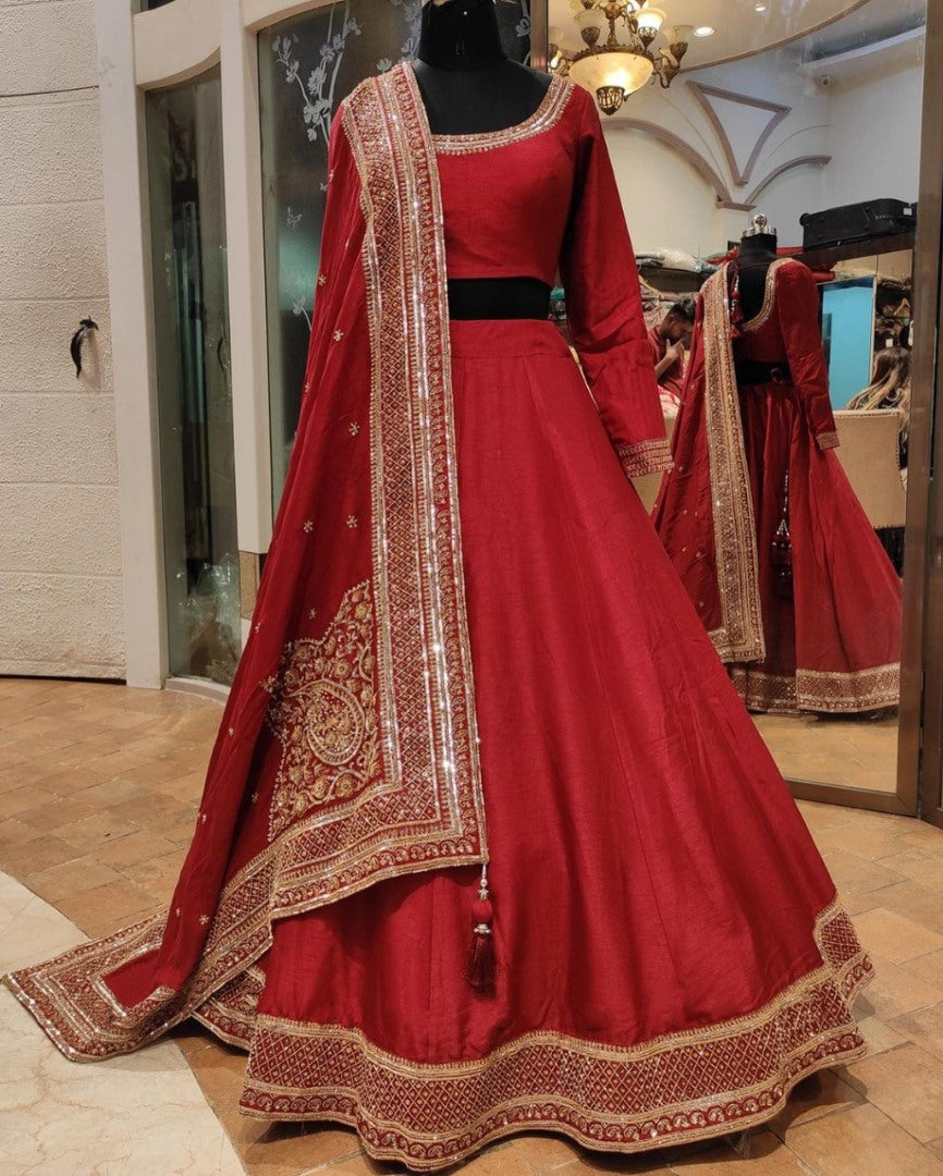 Red italian silk heavy sequence work wedding lehenga choli