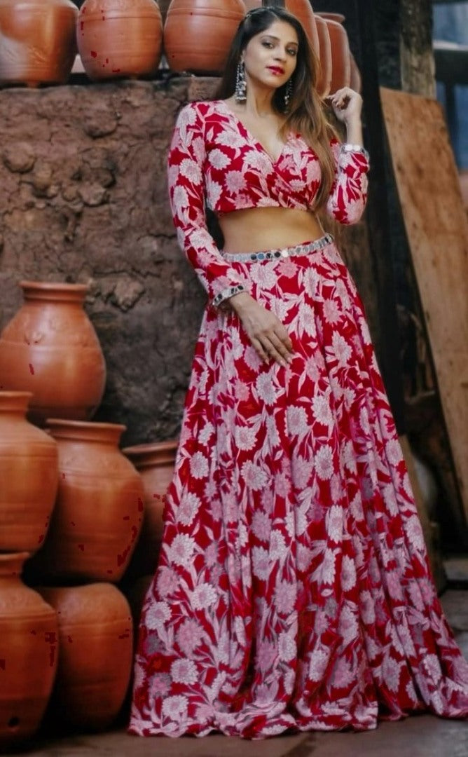 Red italian silk printed lehenga choli