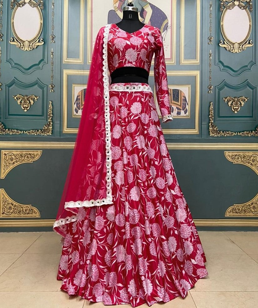Red italian silk printed lehenga choli