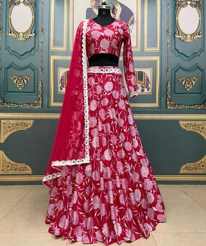Red italian silk printed lehenga choli