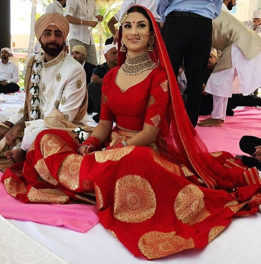 Red jacquard banarasi silk wedding lehenga