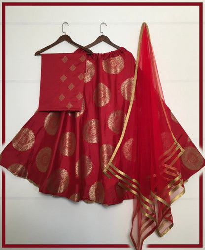 Red jacquard banarasi silk wedding lehenga