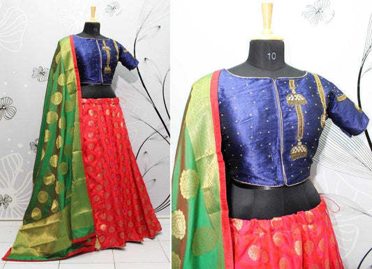 Red jacquard silk festival wear lehenga with handworked choli