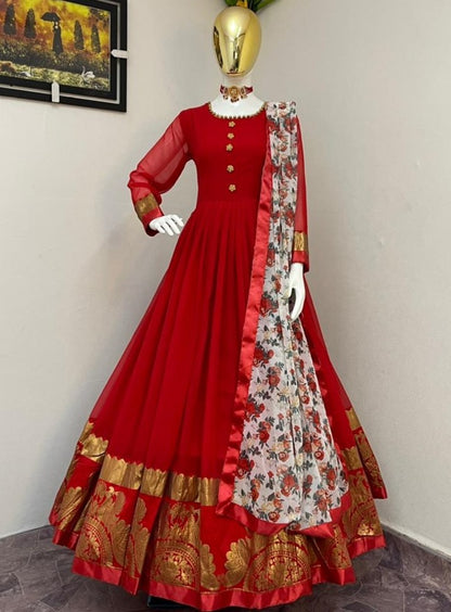 Red jacquard weaving work party wear gown