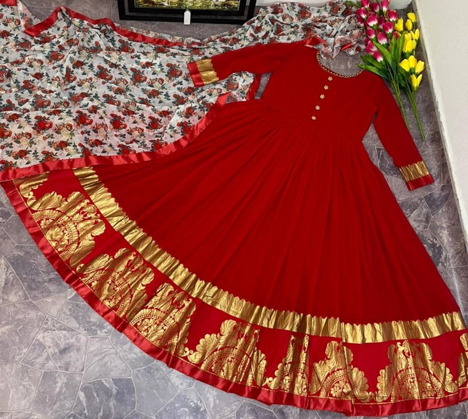 Red jacquard weaving work party wear gown