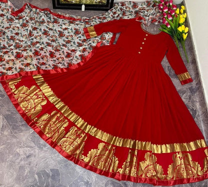 Red jacquard weaving work party wear gown