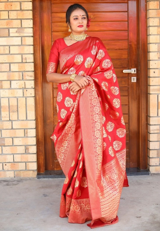 Red jacquard woven silk saree