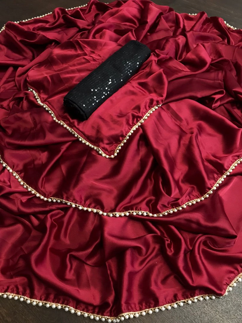 Red japan satin party wear saree with pearl lace with sequence work blouse