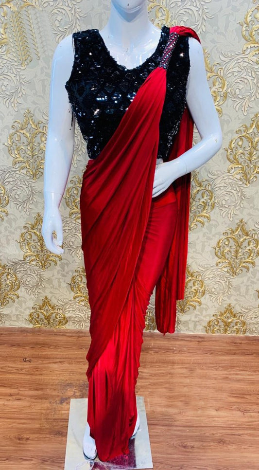 Red japan satin partywear saree with sequence work blouse