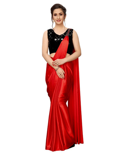 Red japan satin partywear saree with sequence work blouse