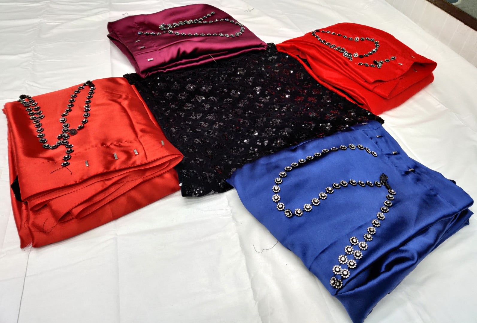 Red japan satin partywear saree with sequence work blouse